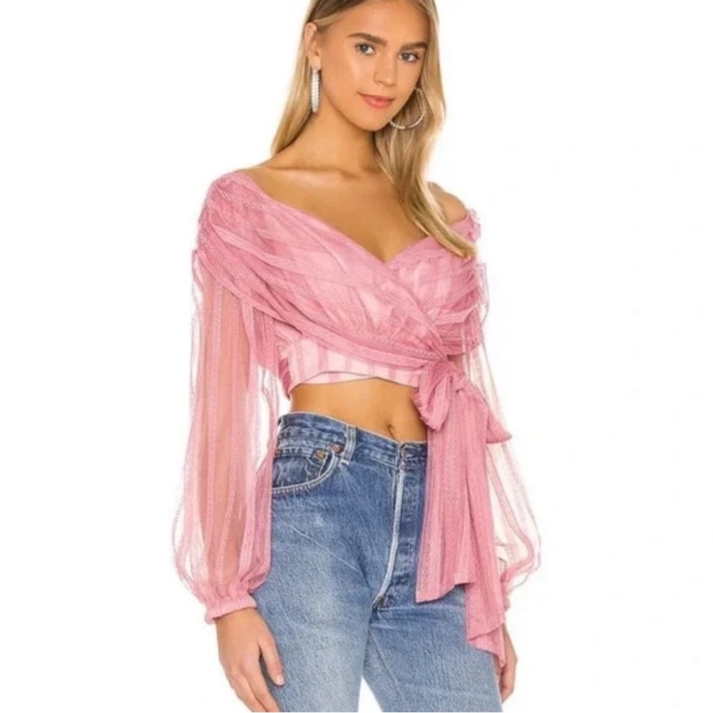 NBD by Revolve Womens Alma Pink Lace Wrap Crop Top